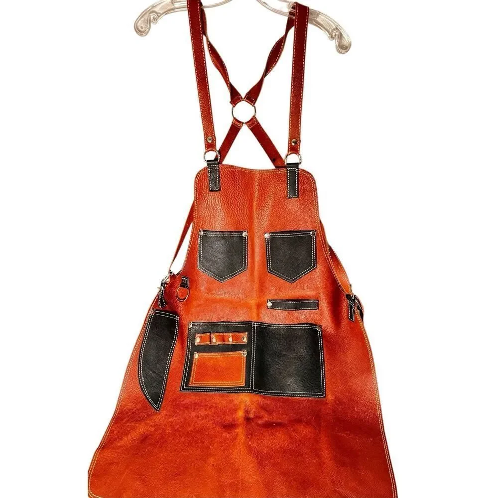 Hand Leather Cooking Work Apron in Brown & Black W White Topstitching Adjustable